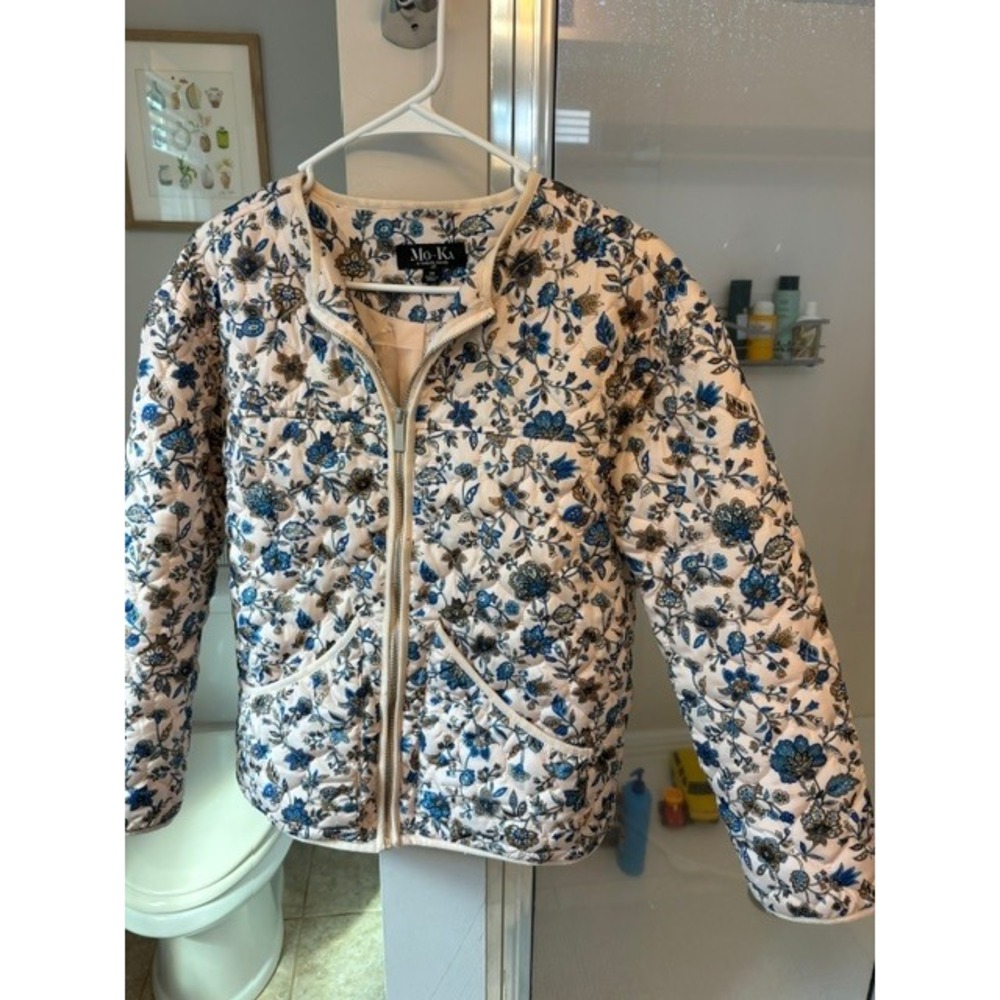 Mo-Ka Santa Fe Apparel Women's M Quilted Floral Jacket Zip Blue Cream Midweight